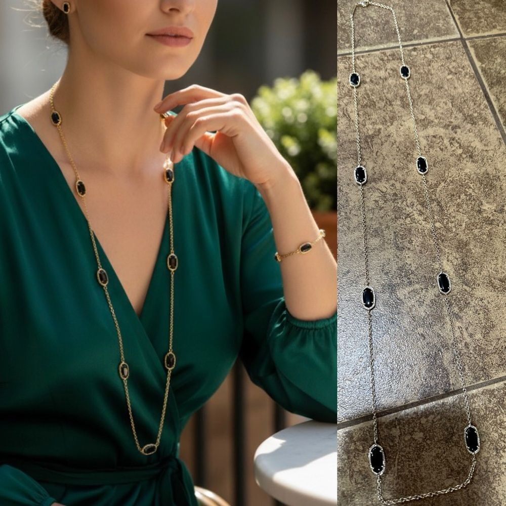 Kendra Scott Kellie Long Station Necklace Gold Black Onyx & duster bag